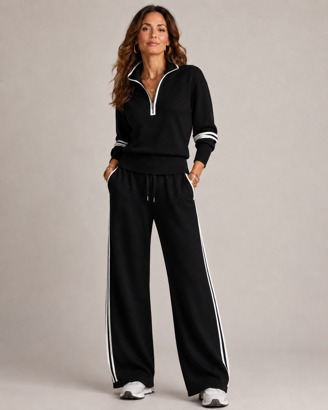 Black quarter zip knit set with the drawstring waist visible