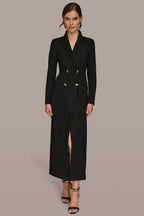 Black double-breasted maxi dress, detail of the button fastening