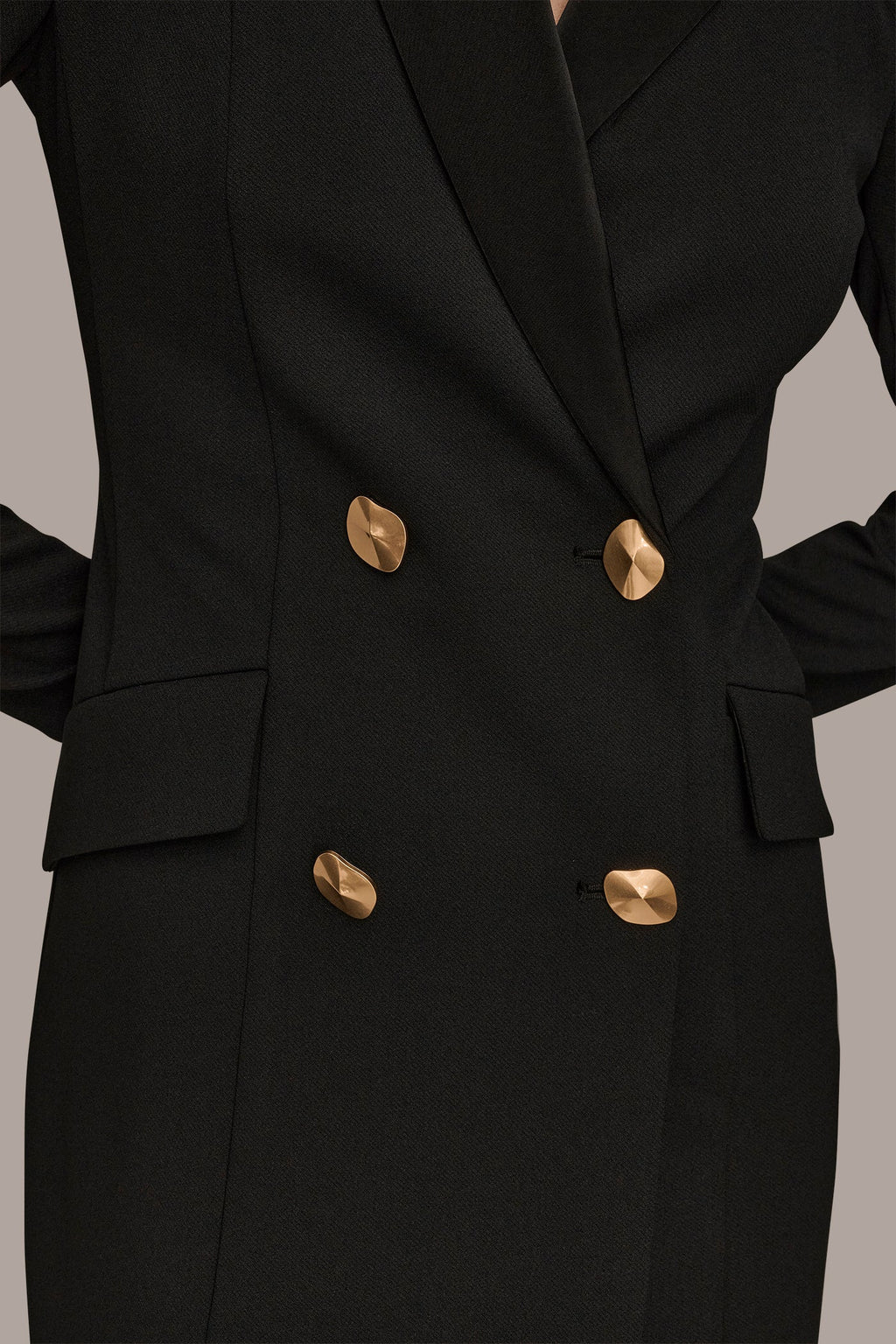 Black double-breasted maxi dress, long sleeve and cuff detail