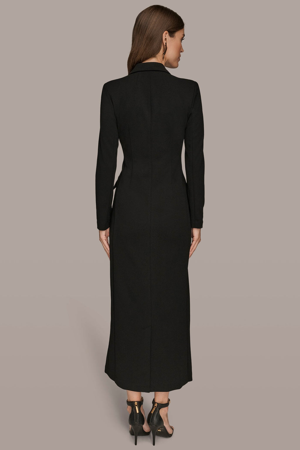 Black double-breasted maxi dress, back view of the full-length line