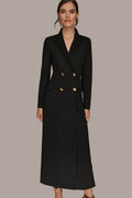 Black double-breasted maxi dress, front view showing the satin notched lapel