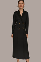 Black double-breasted maxi dress, front view showing the satin notched lapel
