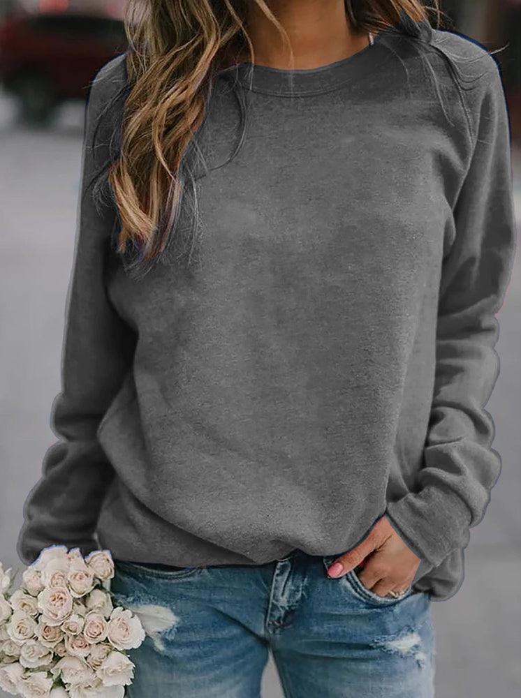 Crewneck sweatshirt for women in gray, front view with ribbed cuffs and hem