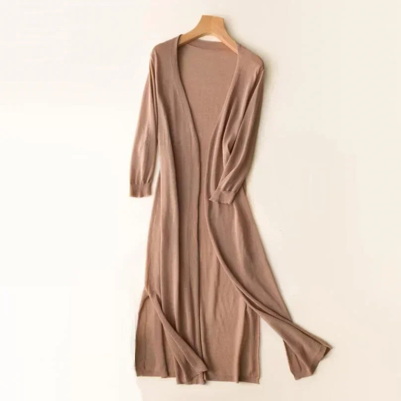 Long Lightweight Cardigan Sweater for Women in Khaki