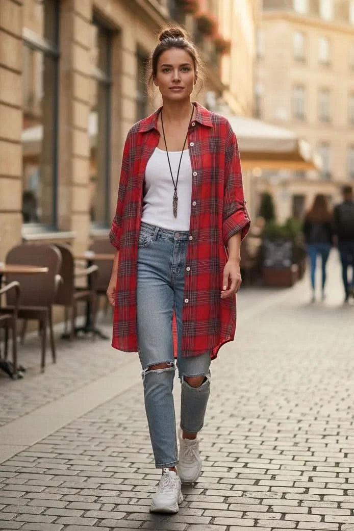 Plaid flannel shirt laid flat to show the button placket