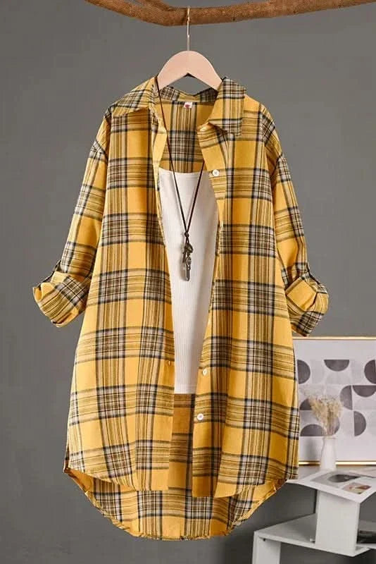 Yellow plaid flannel shirt seen from the front