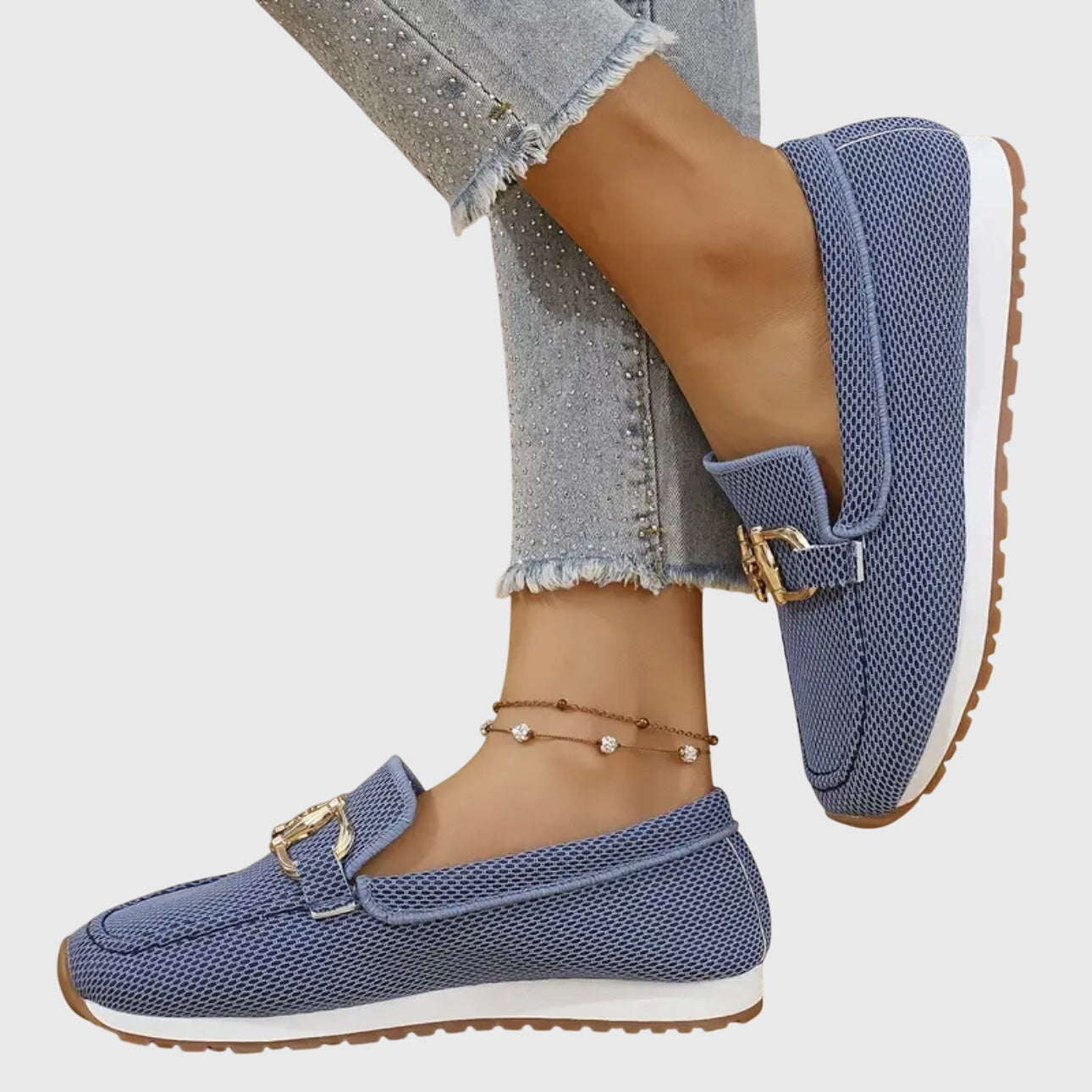 Women's slip-on loafer, close range on the upper and stitching