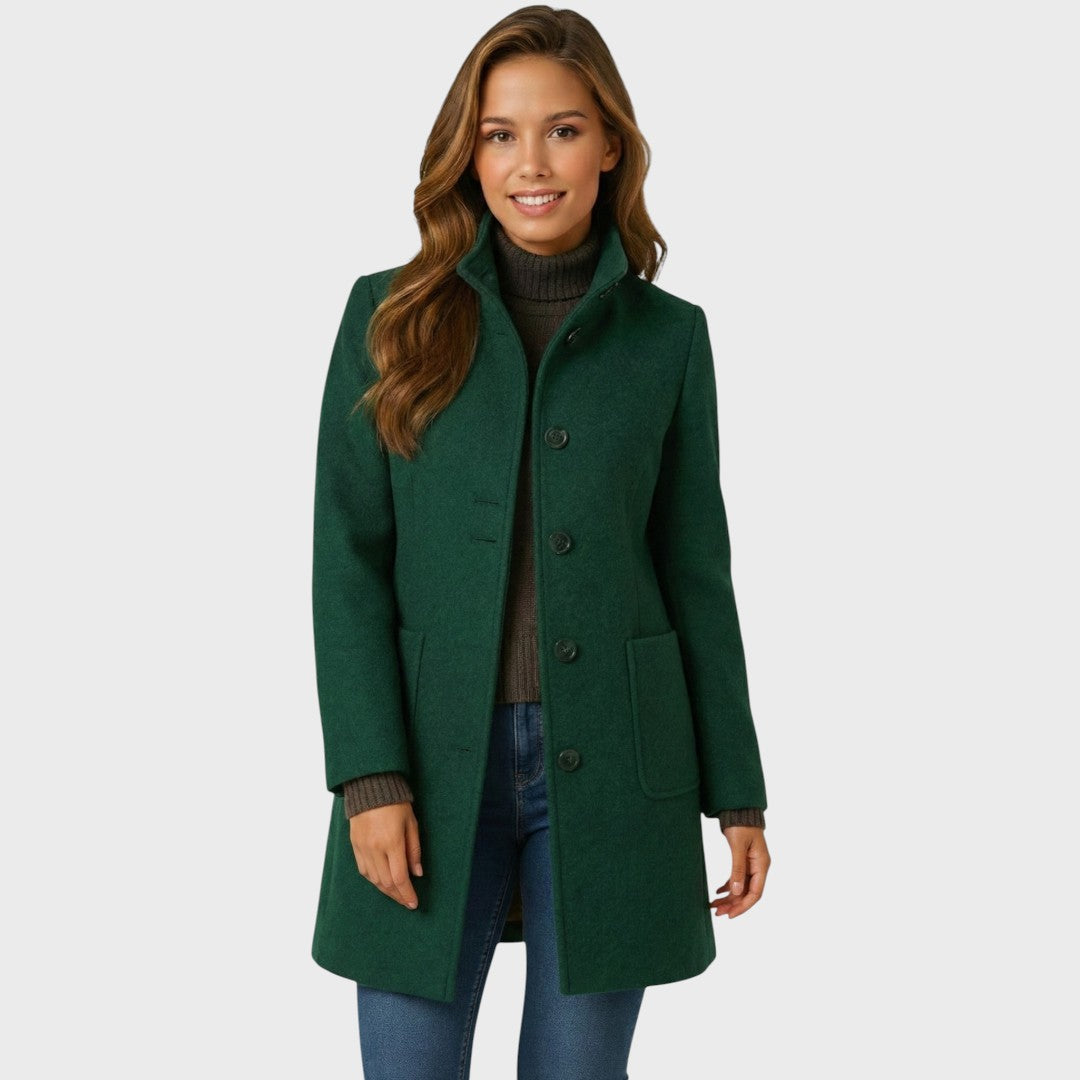 The women's funnel-neck long coat in Dark Green