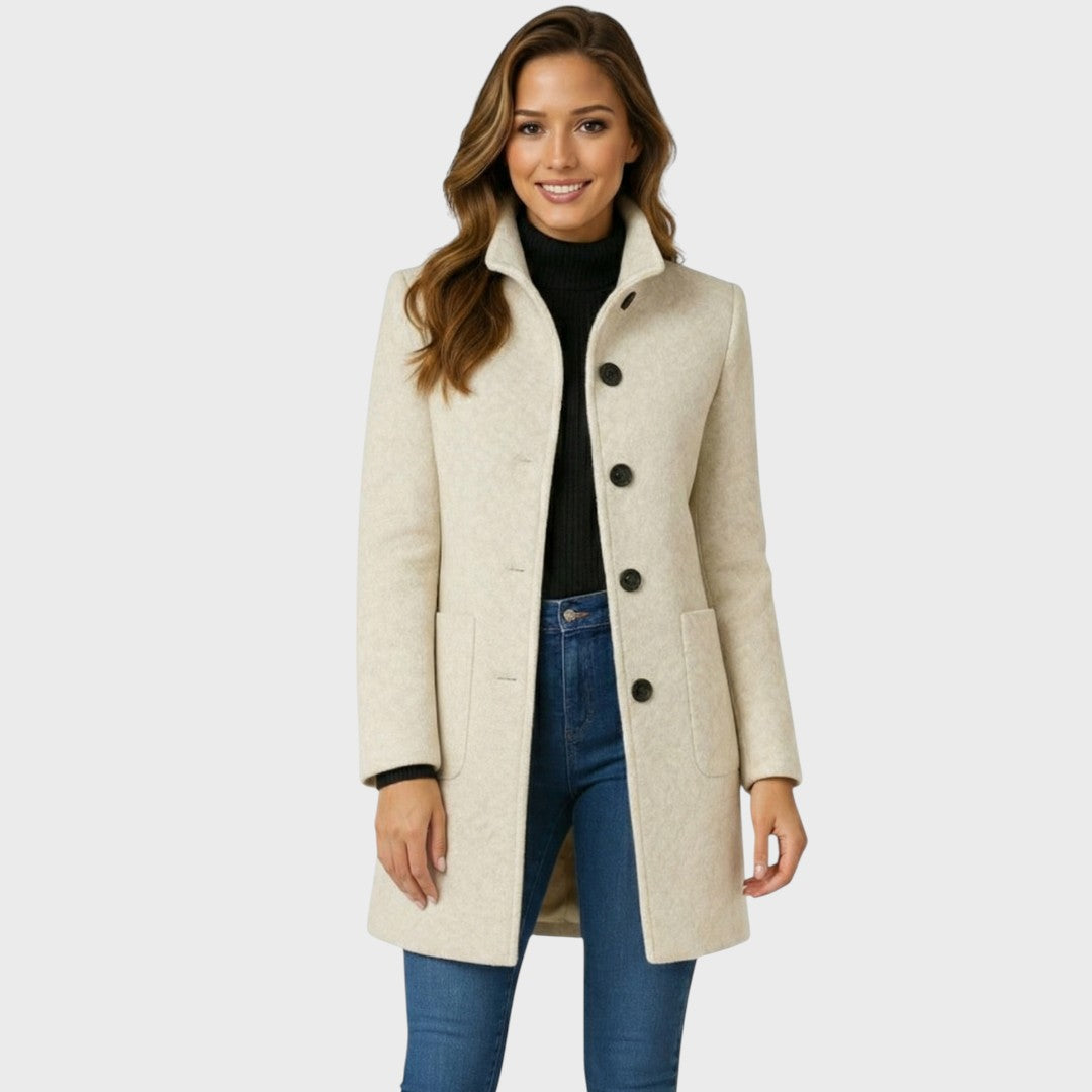 The women's funnel-neck long coat in Cream