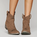 Brown nubuck western ankle boots shown as a pair