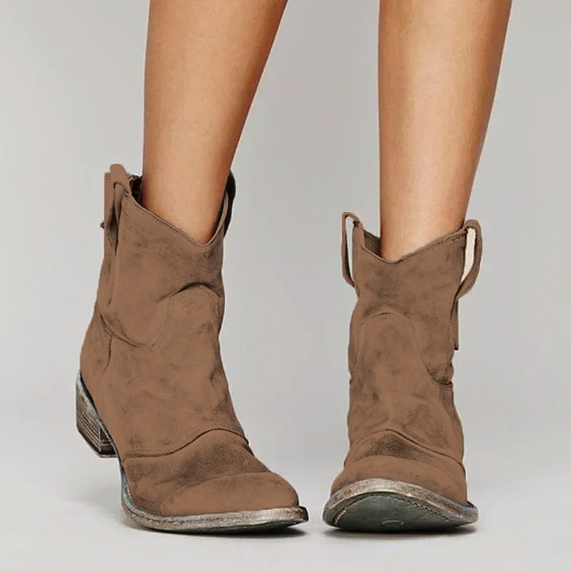Brown nubuck western ankle boots shown as a pair