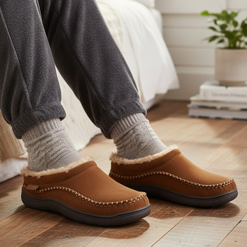 Men's moccasin slipper, close range on the upper and stitching