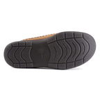 Men's moccasin slipper, profile view showing the last and heel height