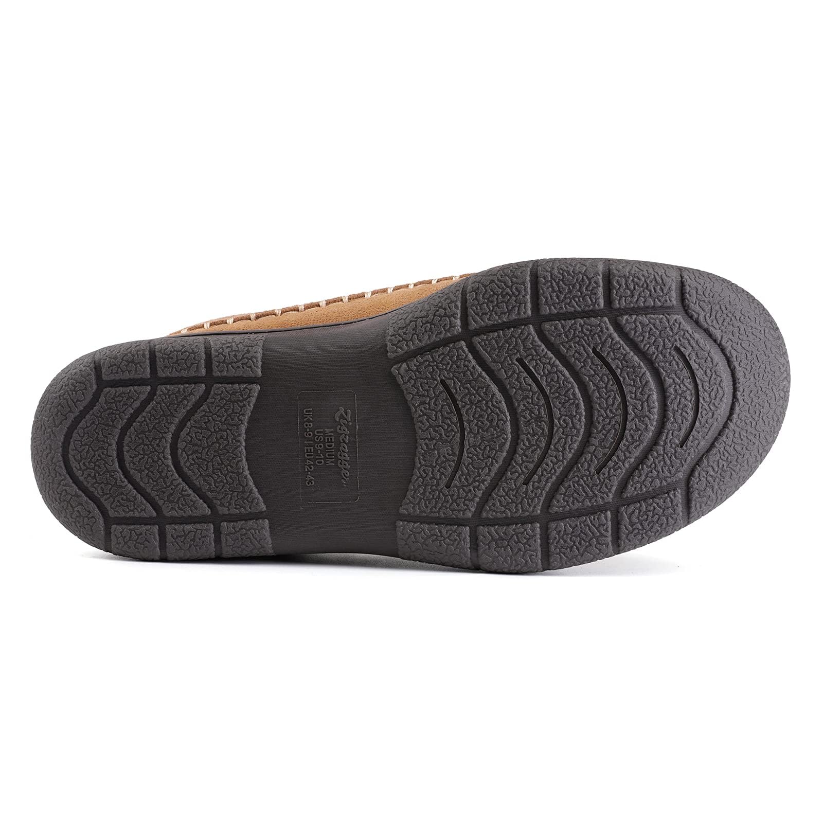 Men's moccasin slipper, profile view showing the last and heel height