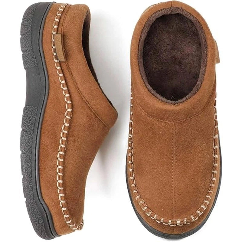 Men's moccasin slipper in Brown, shown against a plain studio background