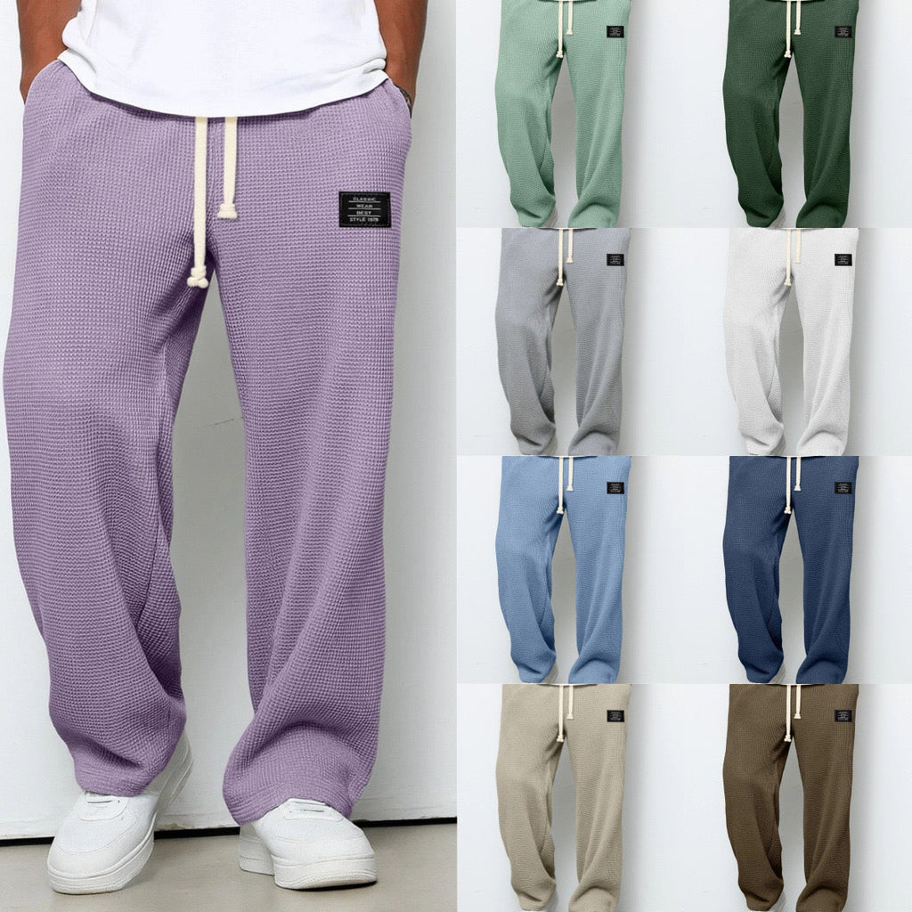 Close-up of the adjustable waistband on the straight leg pants