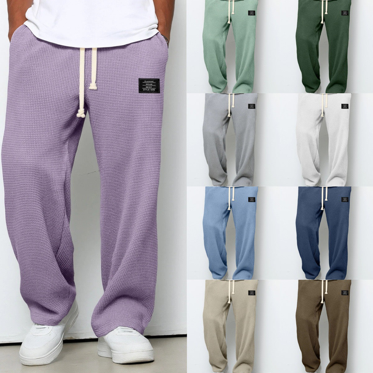Close-up of the adjustable waistband on the straight leg pants