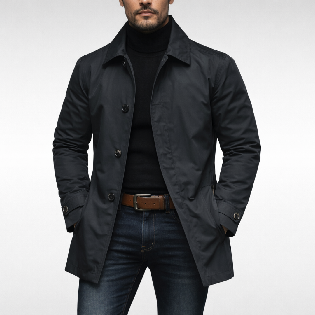 Black men's winter coat, front view