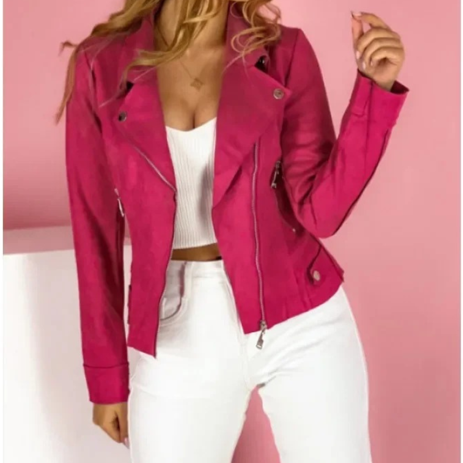 Faux Leather Jacket for Women in pink — supple faux leather, front view