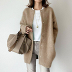 Khaki brown cardigan shown flat, open front and straight hem