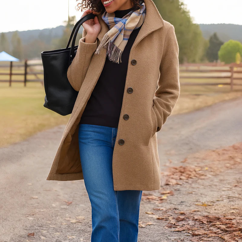 Khaki button front long coat for women, front view