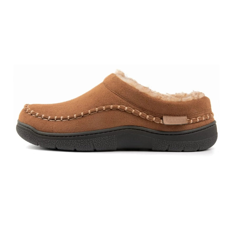 Men's moccasin slipper, single shoe photographed against a plain backdrop