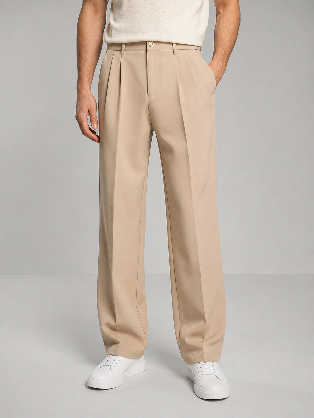 Straight leg trousers for men in beige, full-length front view