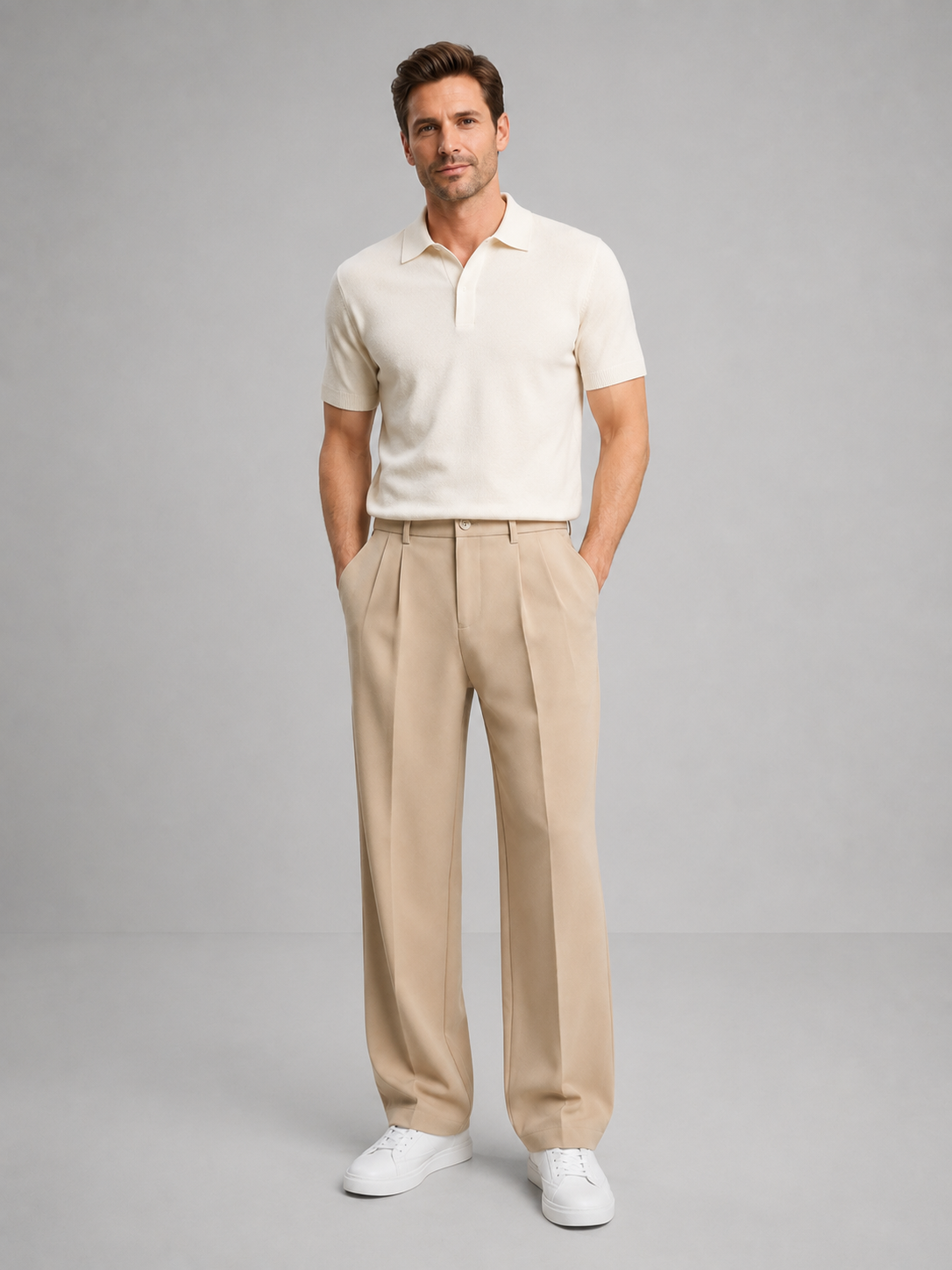 Men's straight leg trousers styled with a blazer, side view of the drape