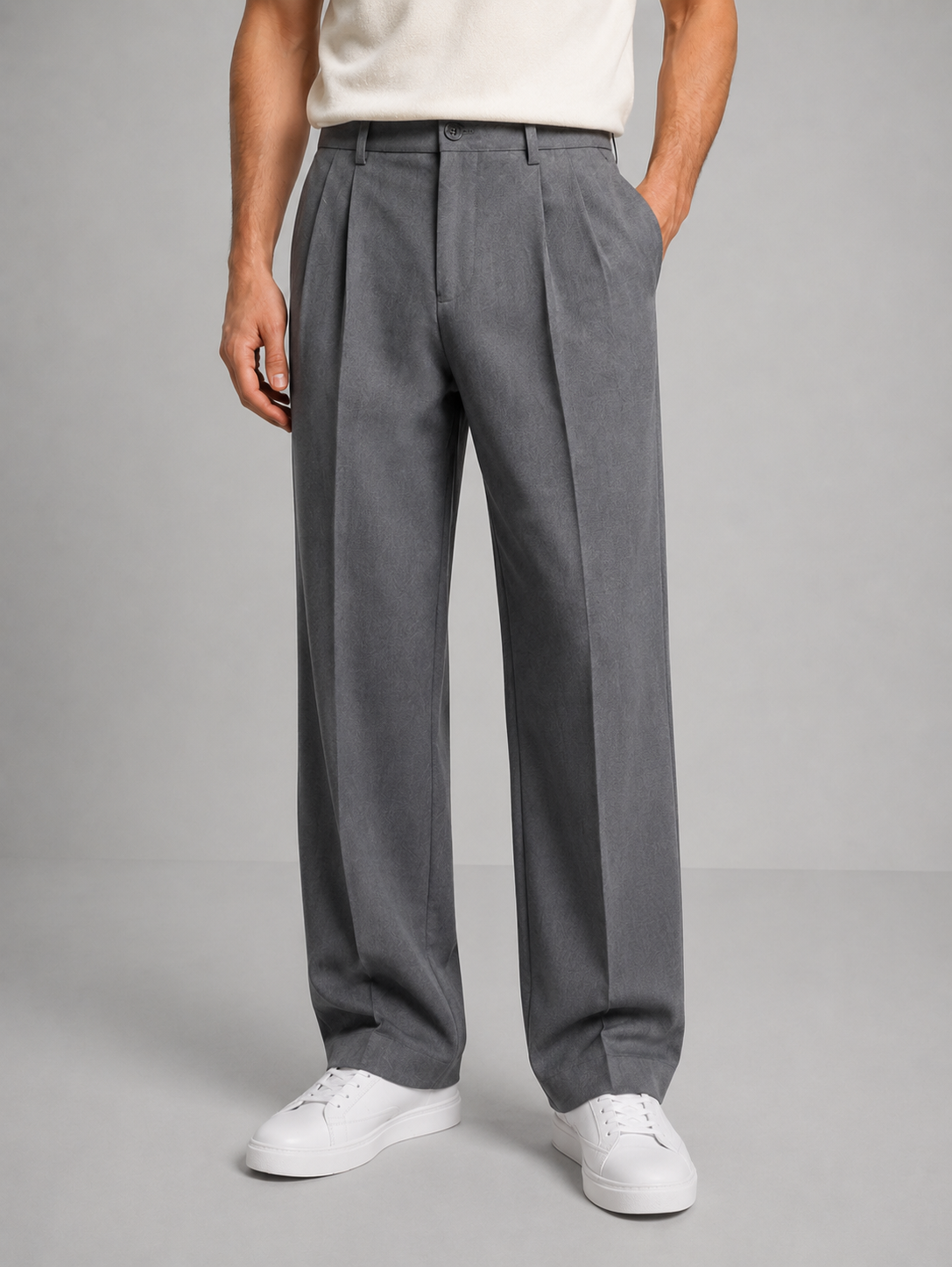 Straight leg trousers for men in gray, worn with a shirt