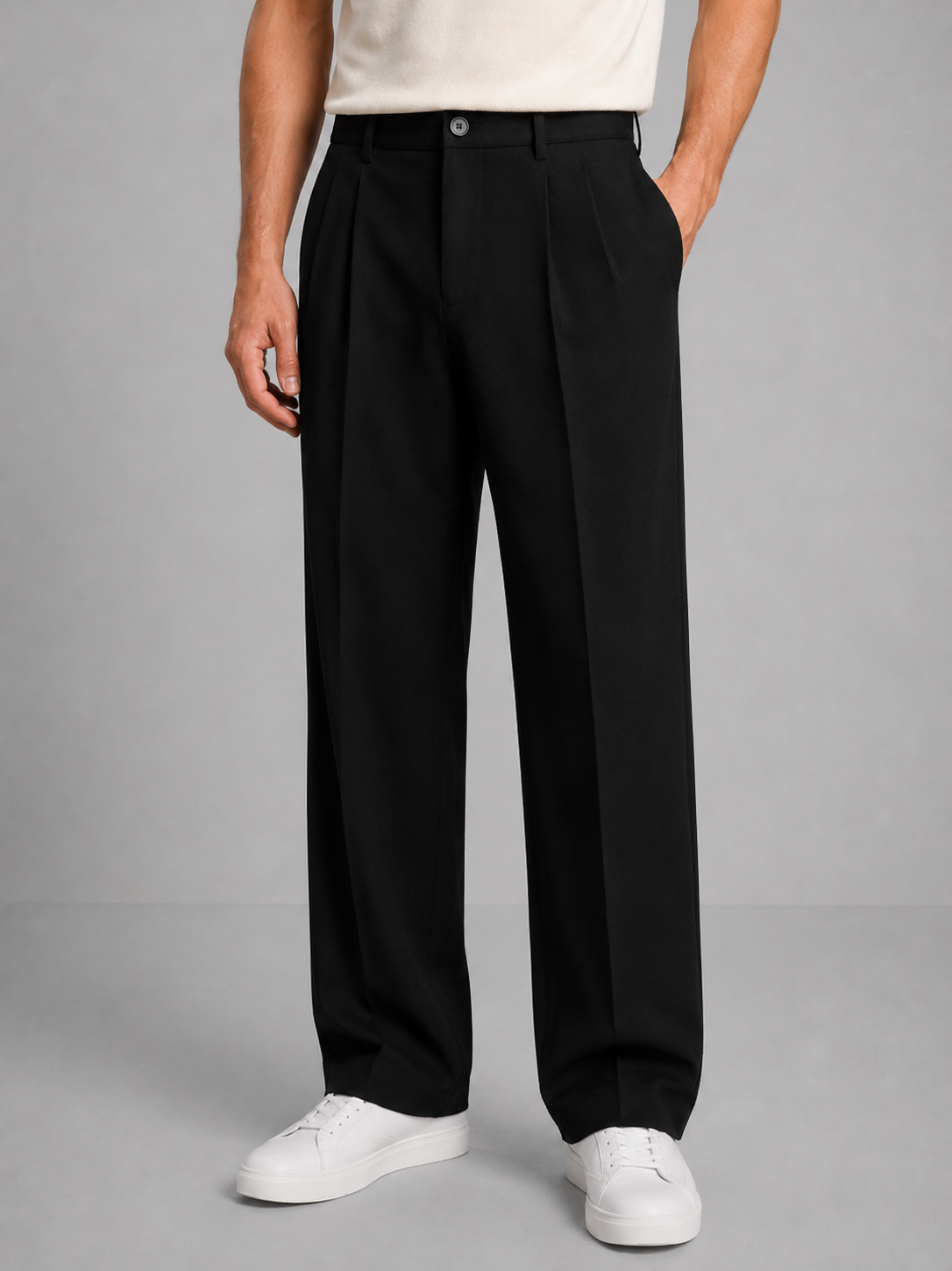 Straight leg trousers for men in black, showing the straight fall to the hem