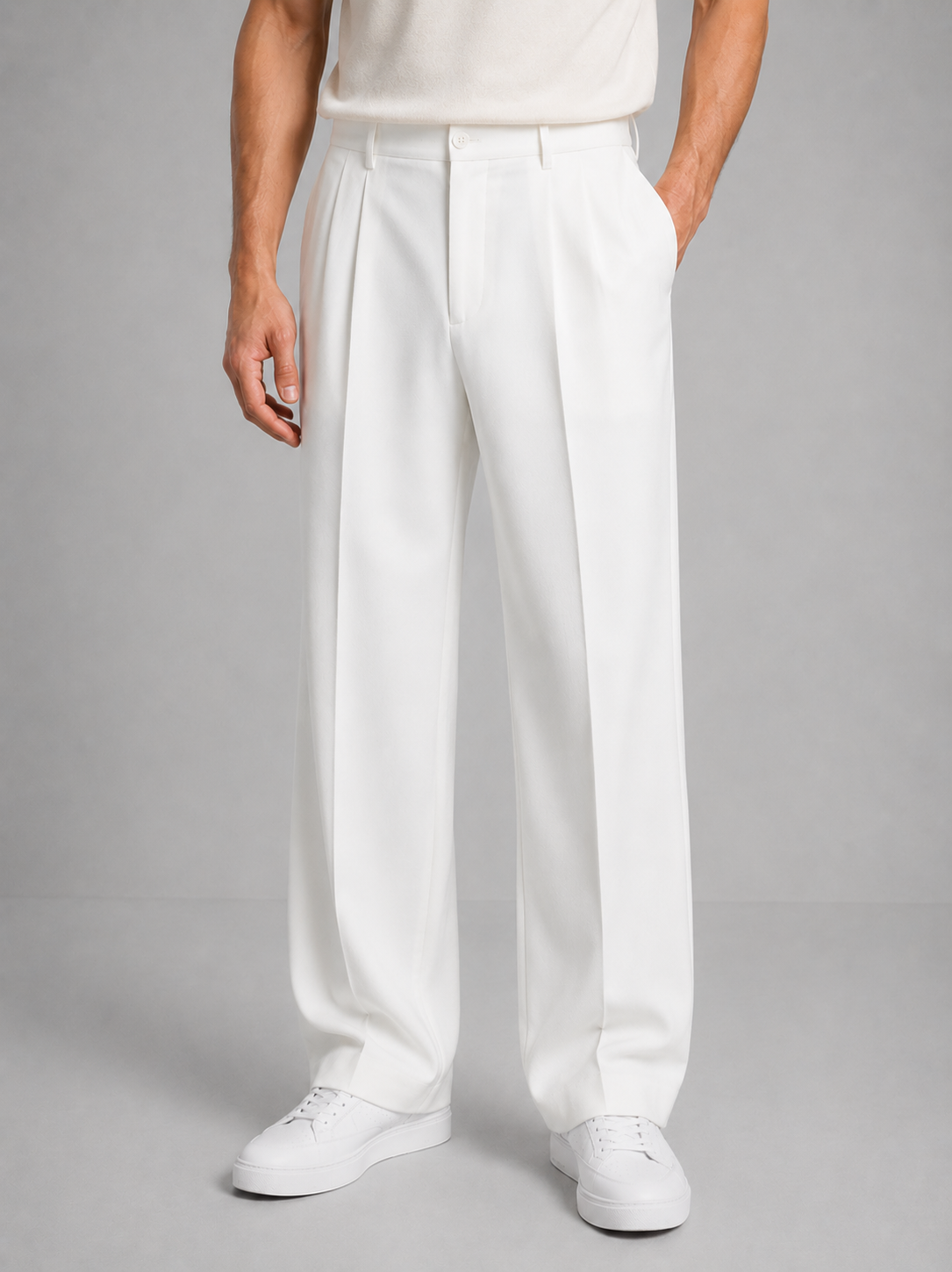 Straight leg trousers for men in white, front view