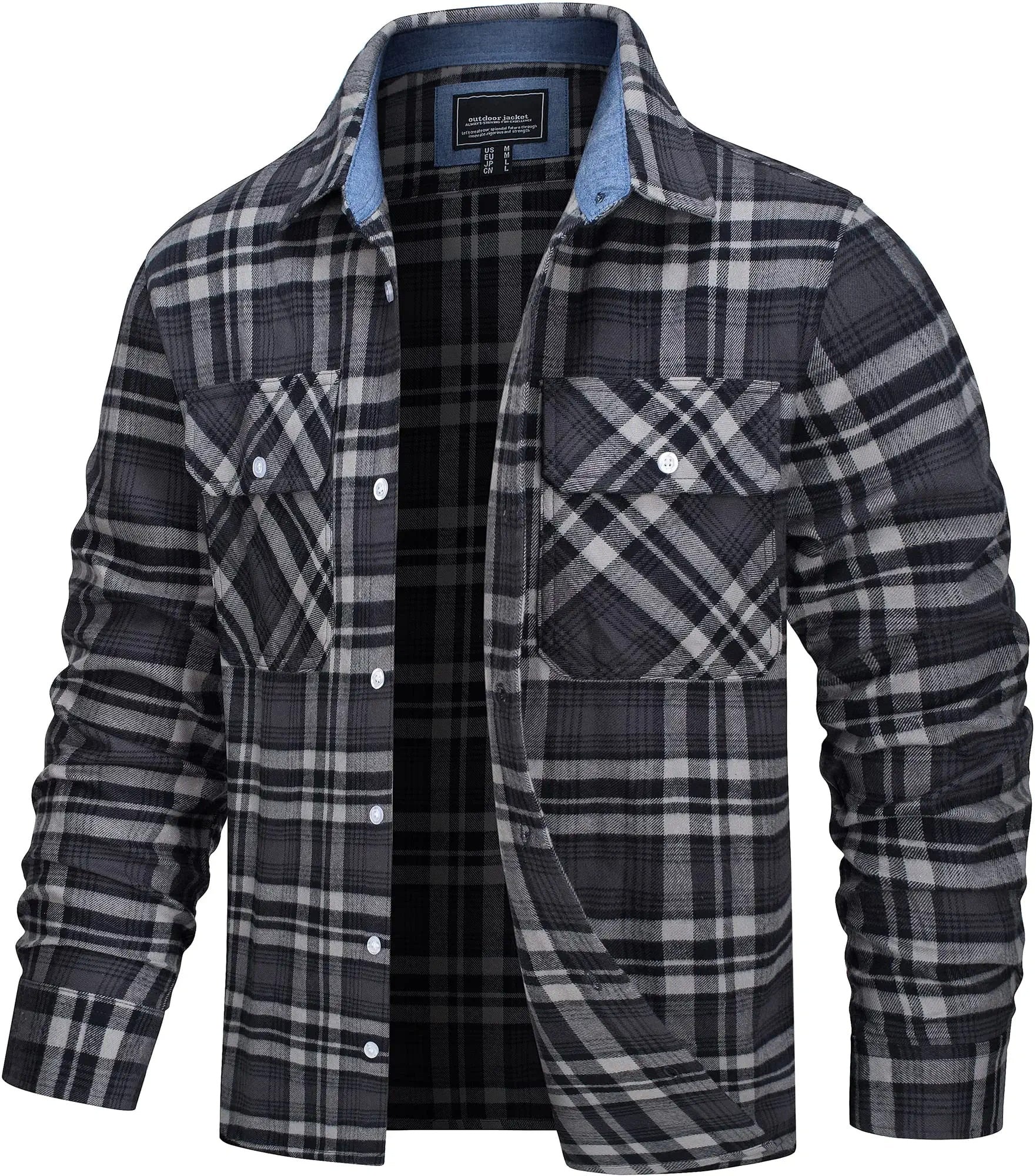 The men's plaid flannel shirt jacket in Black Grey