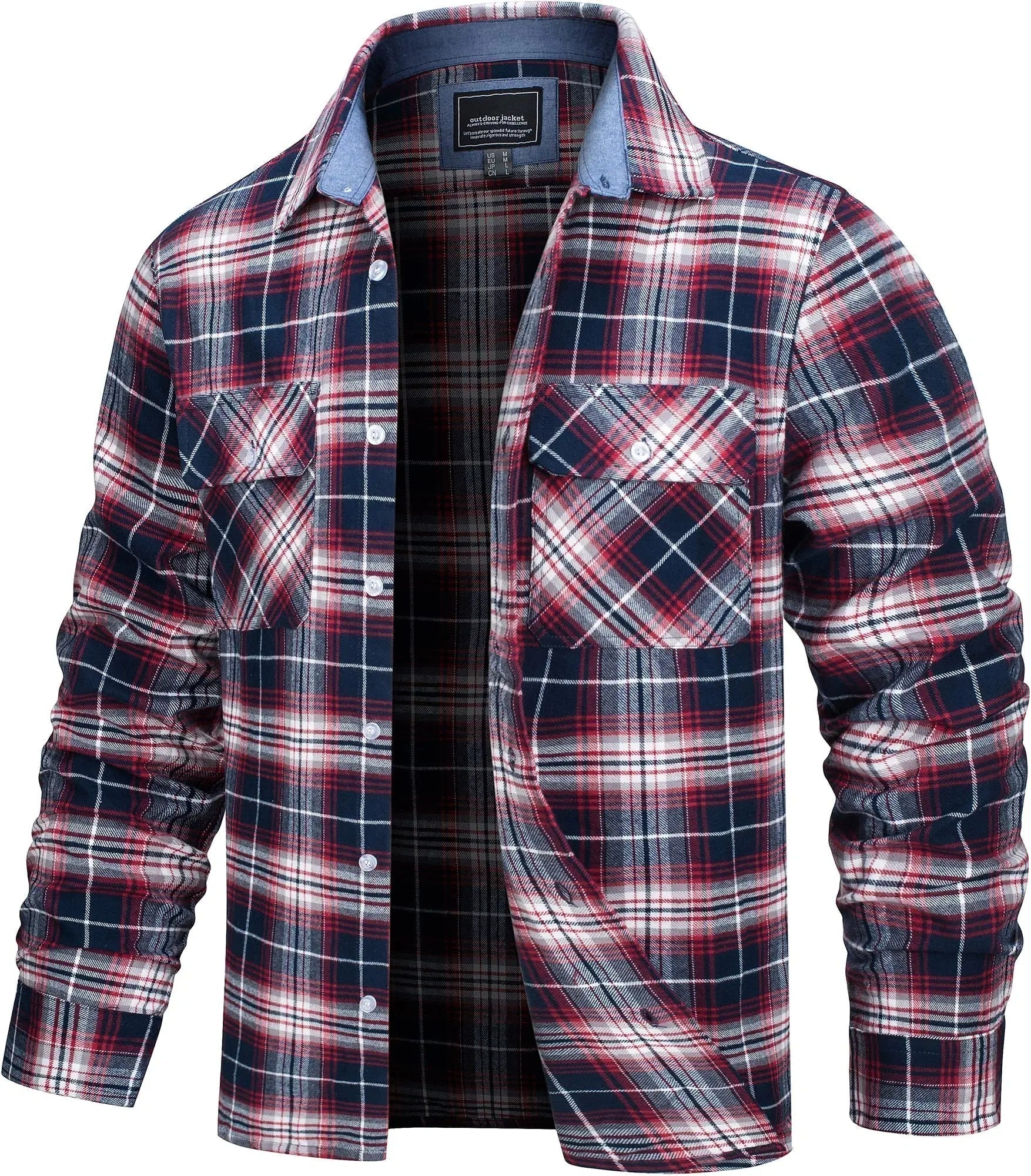 The men's plaid flannel shirt jacket in Red White
