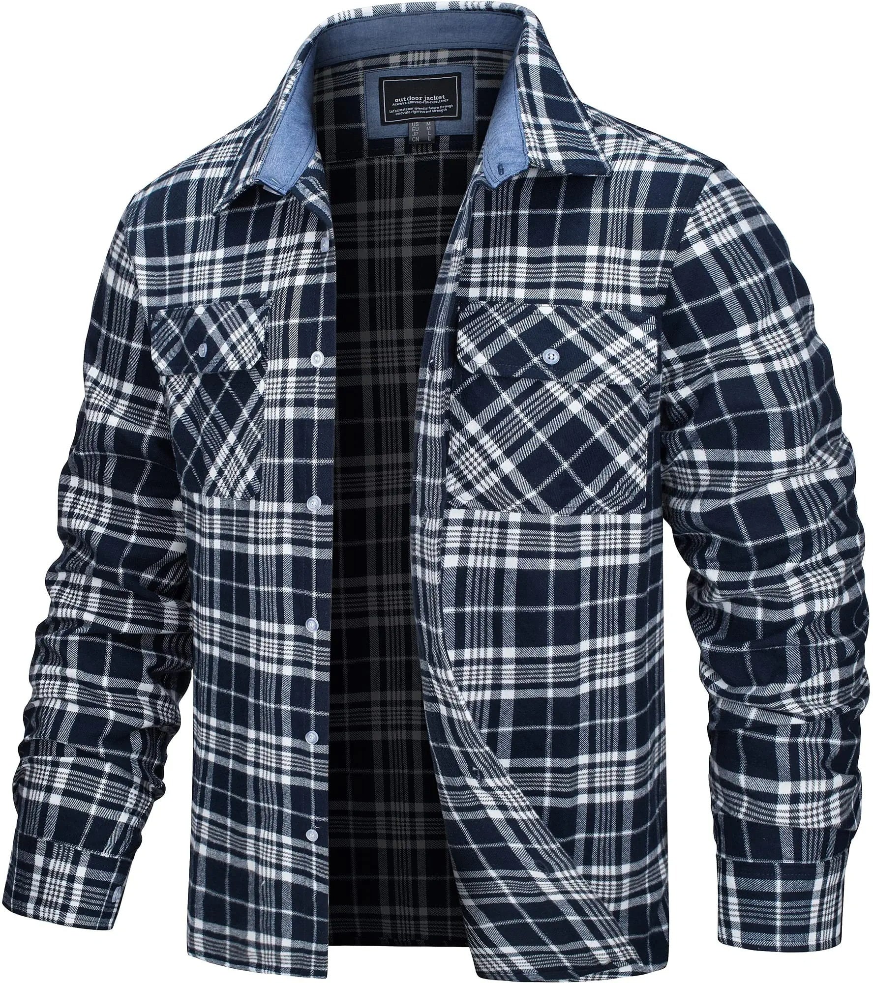 The men's plaid flannel shirt jacket in Navy Blue