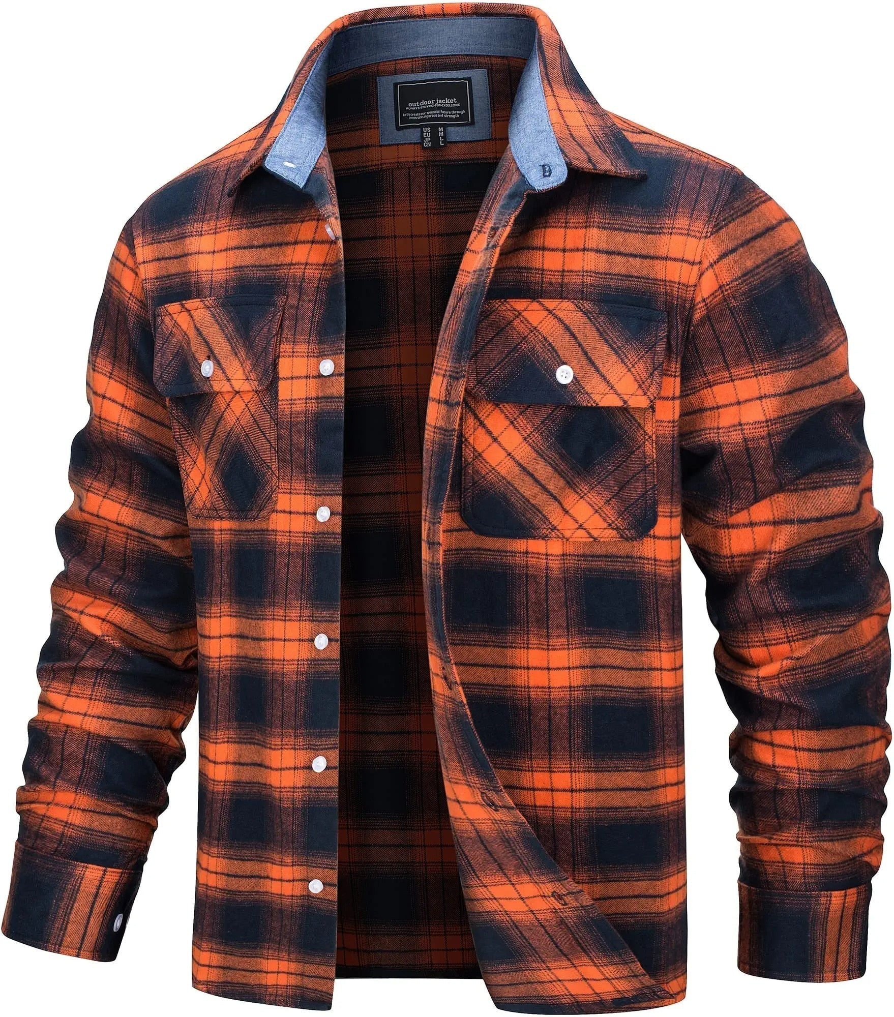 The men's plaid flannel shirt jacket in Orange