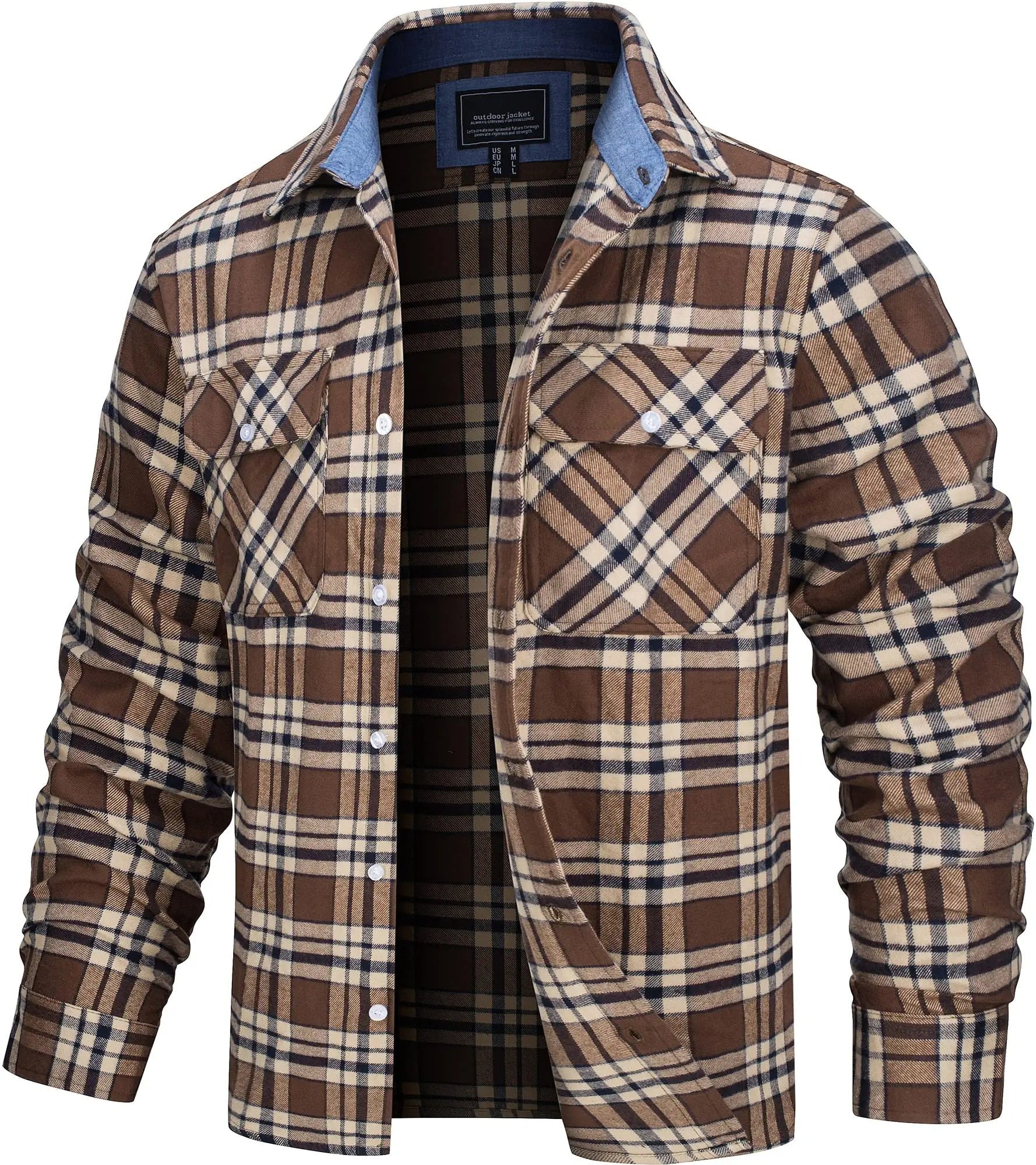 The men's plaid flannel shirt jacket in Brown