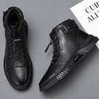 Men's black leather walking shoe with arch support, studio photo 7 of 8