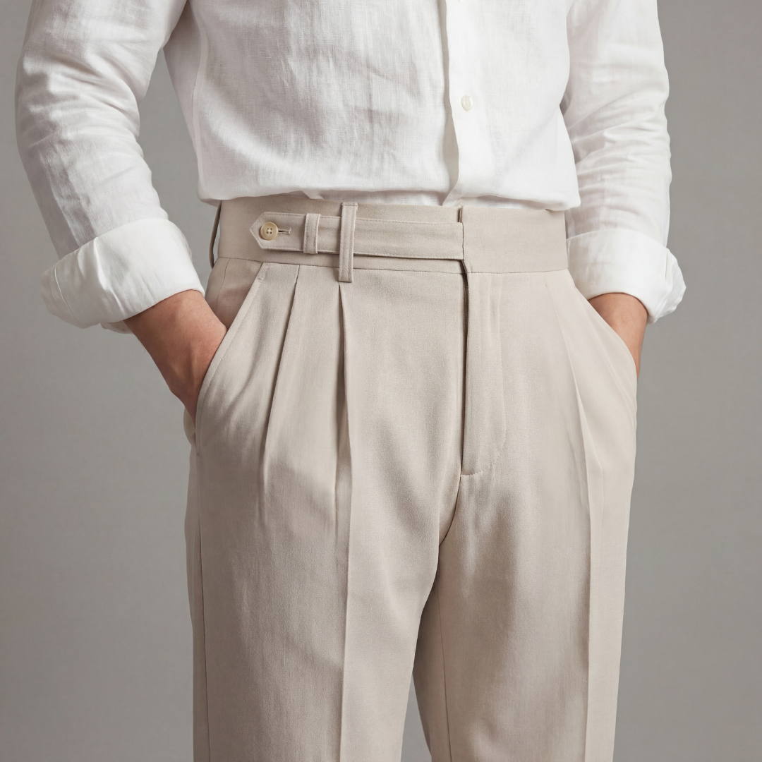 Men's tailored trousers, detail of the single front pleat