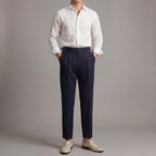 Men's tailored trousers in navy, front view of the tailored leg