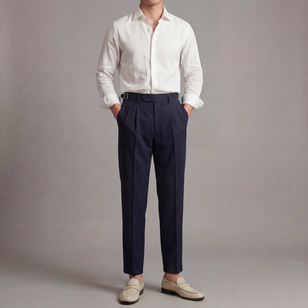 Men's tailored trousers in navy, front view of the tailored leg