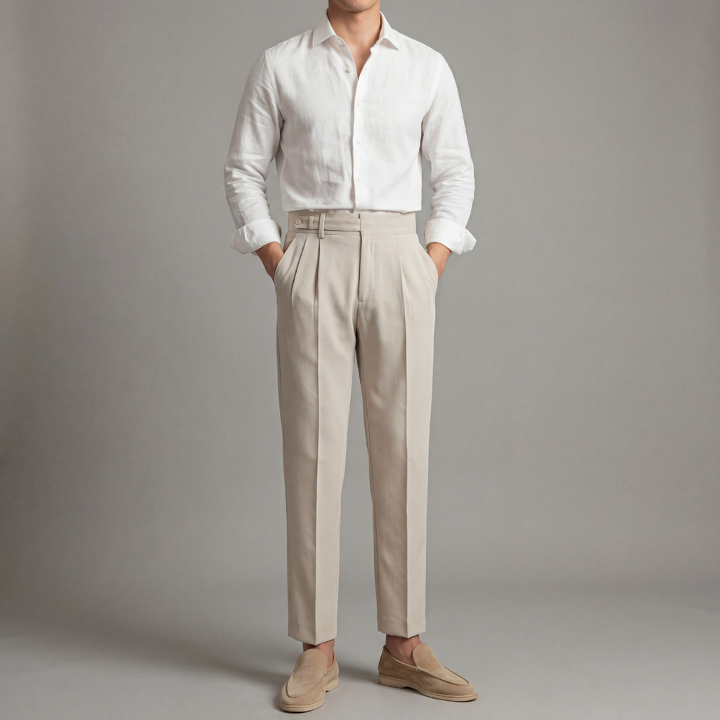 Men's tailored trousers in beige, full-length front view with the single pleat visible