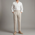 Men's tailored trousers in beige, full-length front view with the single pleat visible