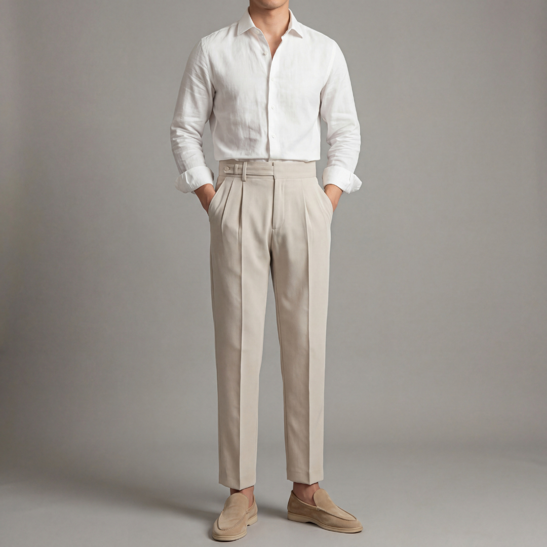 Men's tailored trousers in beige, full-length front view with the single pleat visible
