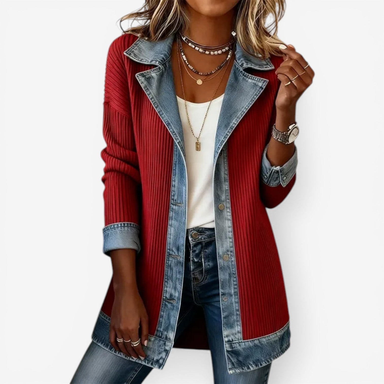 Red colourway seen from the front, relaxed through the shoulder