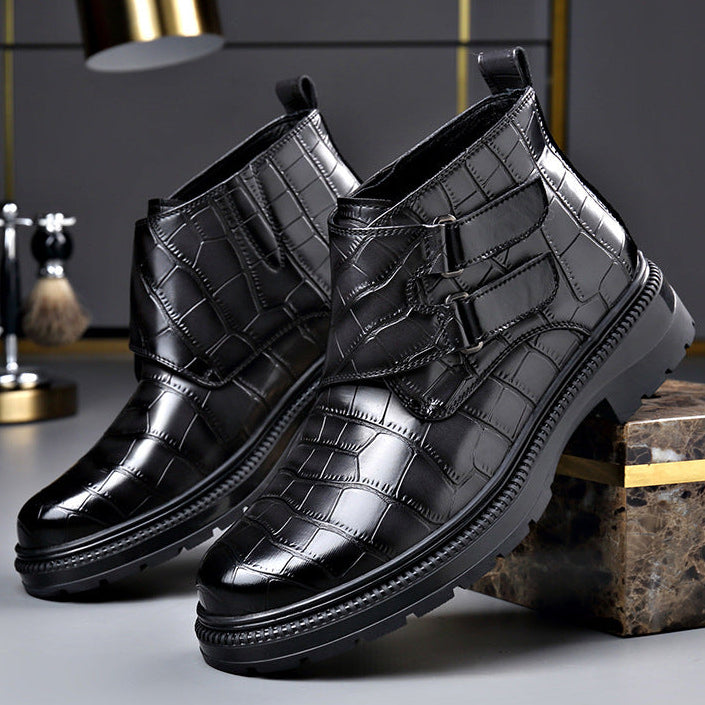 Black croc-embossed lug sole ankle boots for women, side view