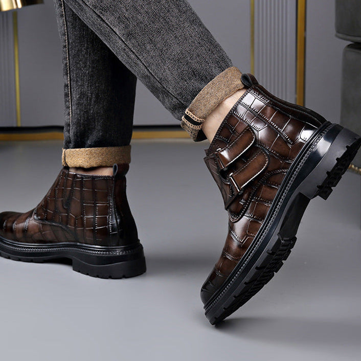 Croc-embossed ankle boots, detail of the burnished grain finish