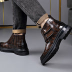 Croc-embossed ankle boots, detail of the burnished grain finish