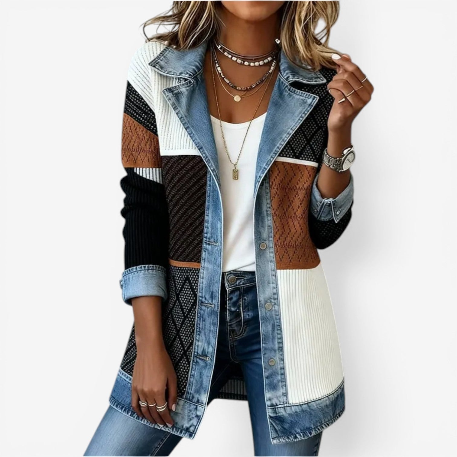 Multicolor version with contrasting denim-look panels