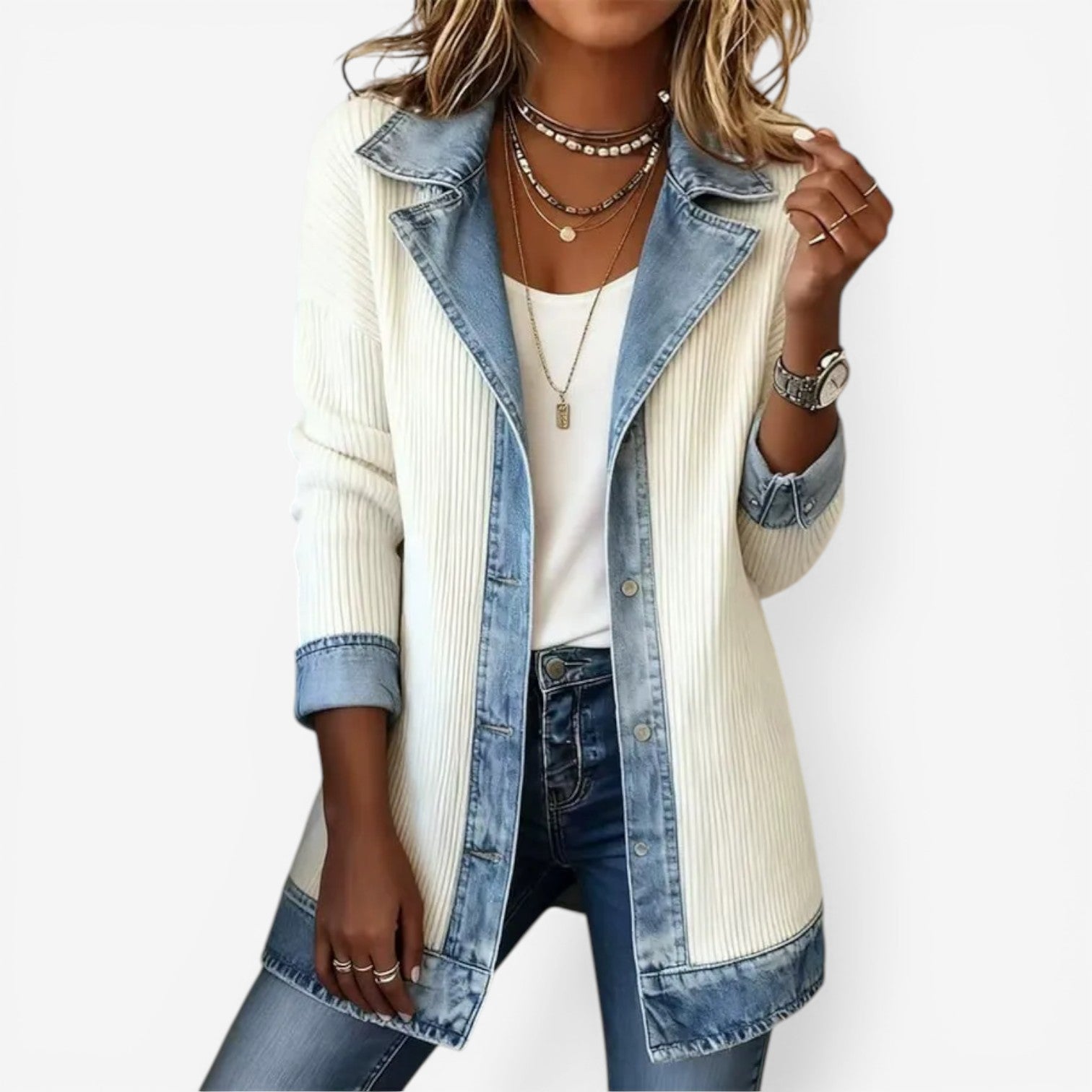 White shirt jacket showing the soft knit body against the panels