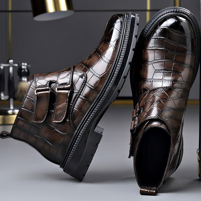 Croc-embossed ankle boots, close-up of the dual straps across the shaft